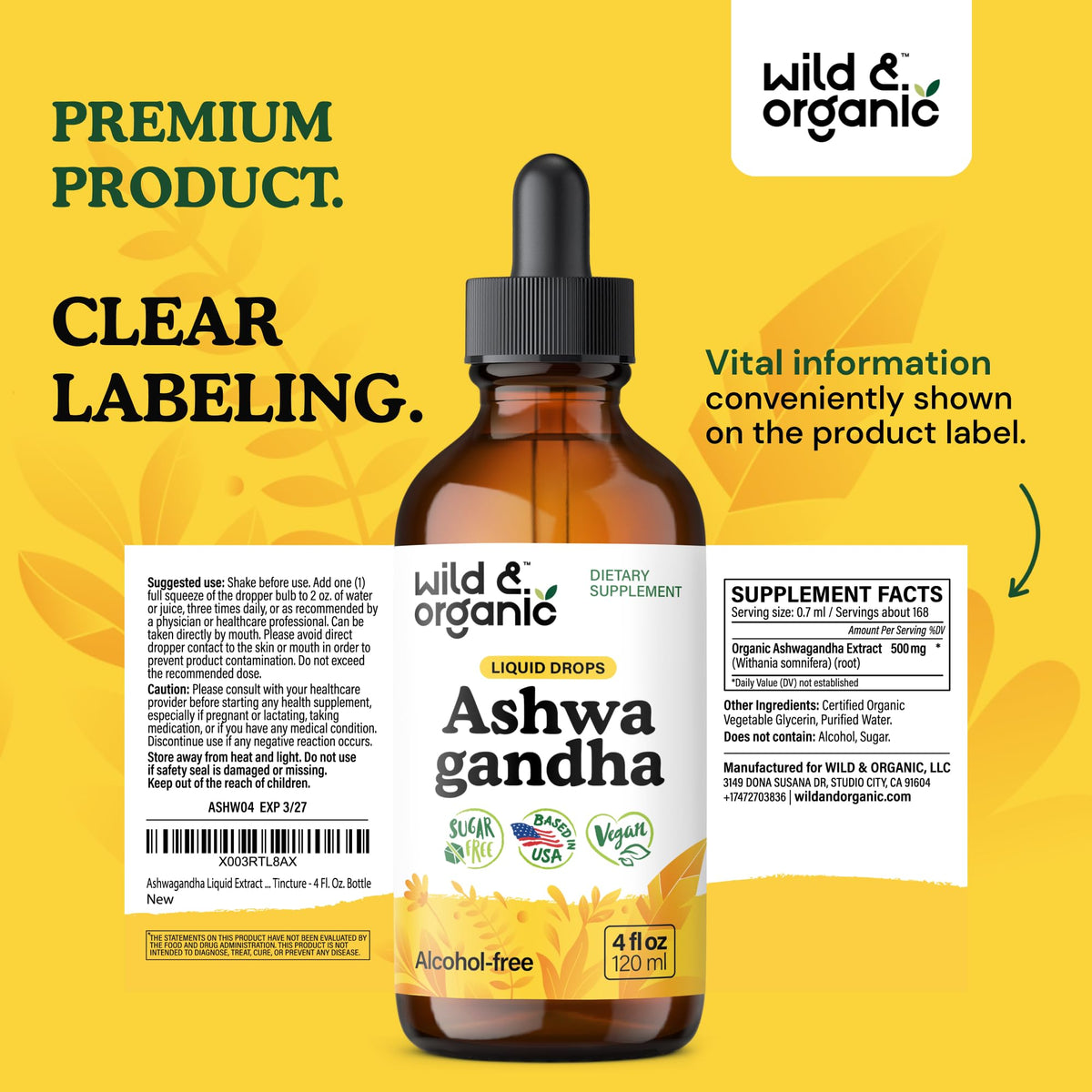 Wild & Organic Ashwagandha Drops - Mood Support & Positive Energy - 500 mg Ashwagandha for Women & Men - Add to Tea Liquid Extract for Relaxation - Non-GMO, Sugar & Alcohol-Free Tincture - 4 fl oz Wild & OrganicBuy Supplements Australia