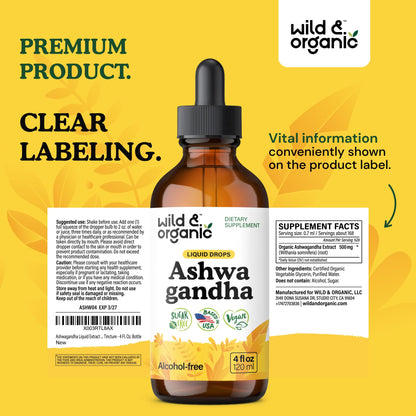 Wild & Organic Ashwagandha Drops - Mood Support & Positive Energy - 500 mg Ashwagandha for Women & Men - Add to Tea Liquid Extract for Relaxation - Non-GMO, Sugar & Alcohol-Free Tincture - 4 fl oz Wild & OrganicBuy Supplements Australia