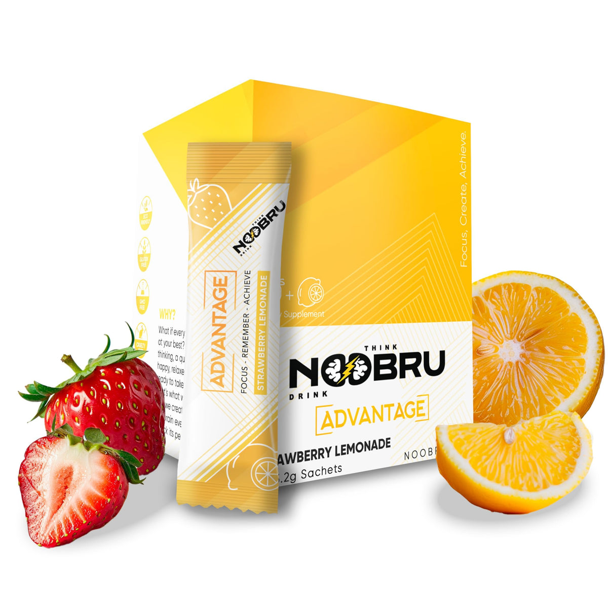 Noobru Аdvantage Nootropic - Delicious Nootropics Brain Supplement with 11 Active Ingredients - Natural Cognitive Enhancer - 20 Strawberry Lemonade Sachets - 1 Month Supply, 20 Count (Pack of 1) NoobruBuy Supplements Australia