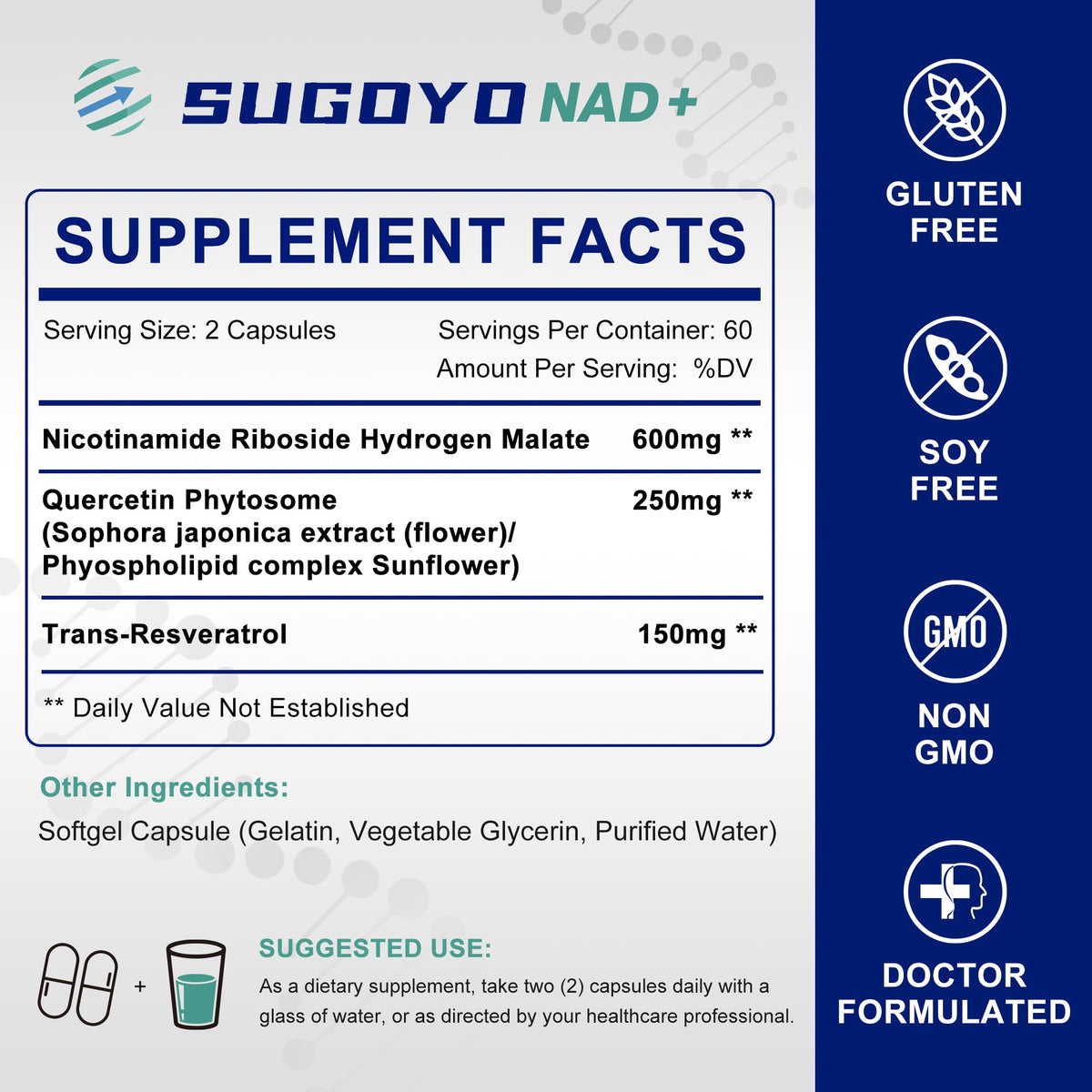 SUGOYO NAD+ Supplement 1000mg Liposomal Nicotinamide Riboside Enhanced with Resveratrol & Quercetin, Anti-Aging & Energy Boost, NMN Alternative, NAD Supplement for Women & Men (60 Count (Pack of 1)) SUGOYOBuy Supplements Australia