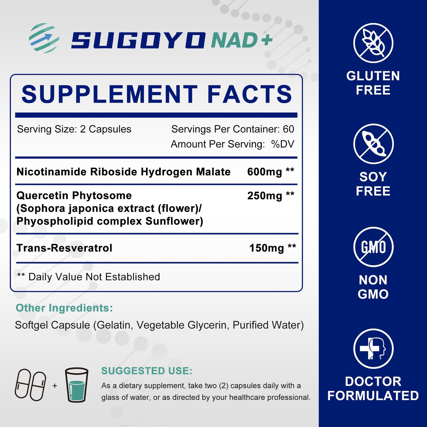 SUGOYO NAD+ Supplement 1000mg Liposomal Nicotinamide Riboside Enhanced with Resveratrol & Quercetin, Anti-Aging & Energy Boost, NMN Alternative, NAD Supplement for Women & Men (60 Count (Pack of 1)) SUGOYOBuy Supplements Australia