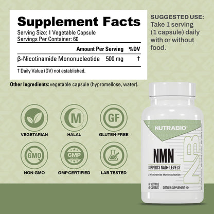 NutraBio NMN - NAD Supplement, Longevity Support, Boost NAD Levels, Increase Cellular Energy, Brain Health, Healthy Aging- 60 Servings- 60 Capsules NutraBioBuy Supplements Australia