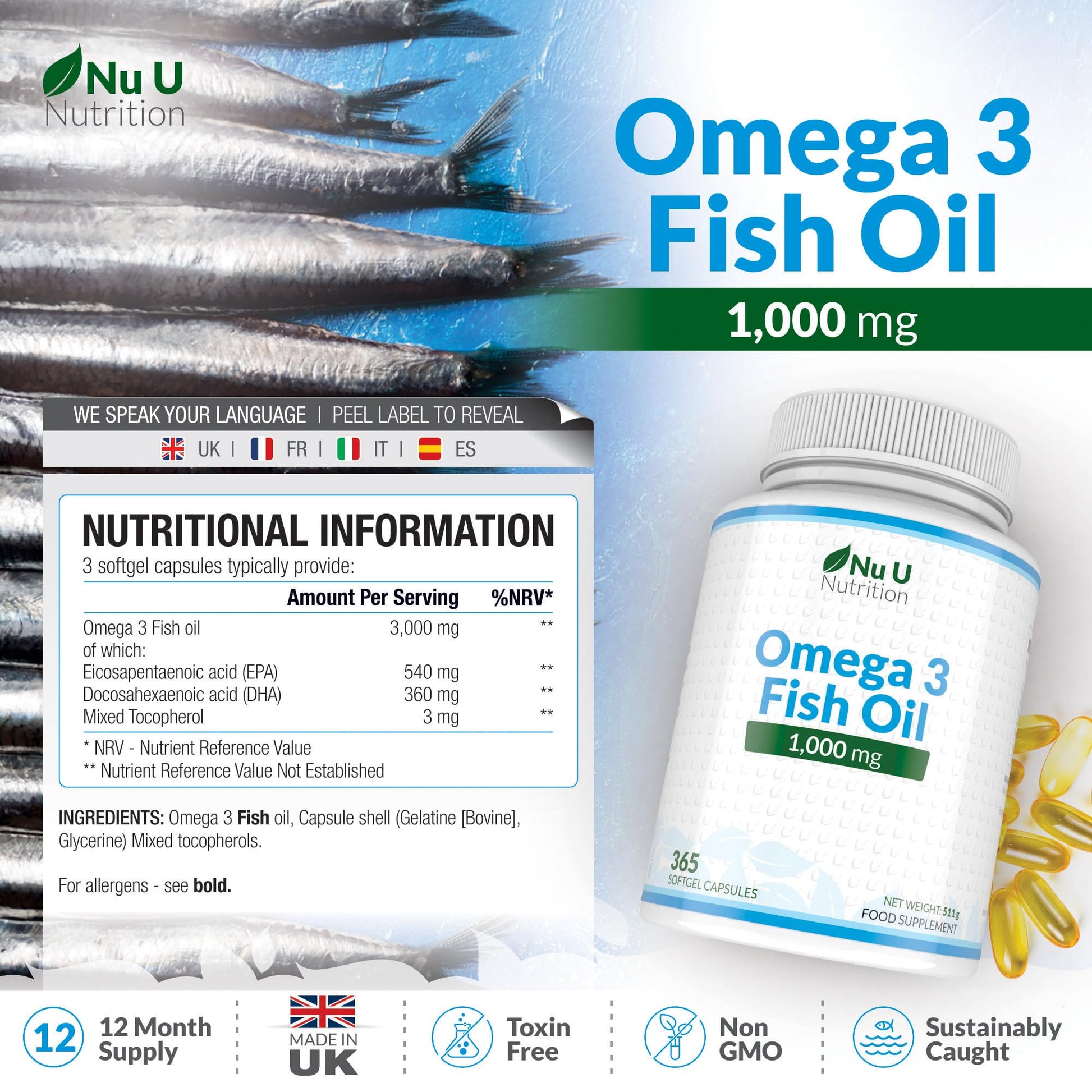 Omega 3 Fish Oil 1000mg - 365 Softgel Capsules - Up to 12 Month’s Supply - Pure Fish Oil Nu U NutritionBuy Supplements Australia