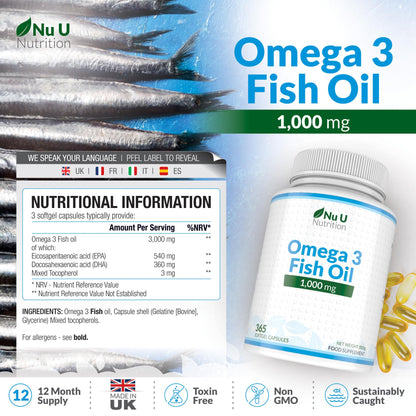 Omega 3 Fish Oil 1000mg - 365 Softgel Capsules - Up to 12 Month’s Supply - Pure Fish Oil Nu U NutritionBuy Supplements Australia