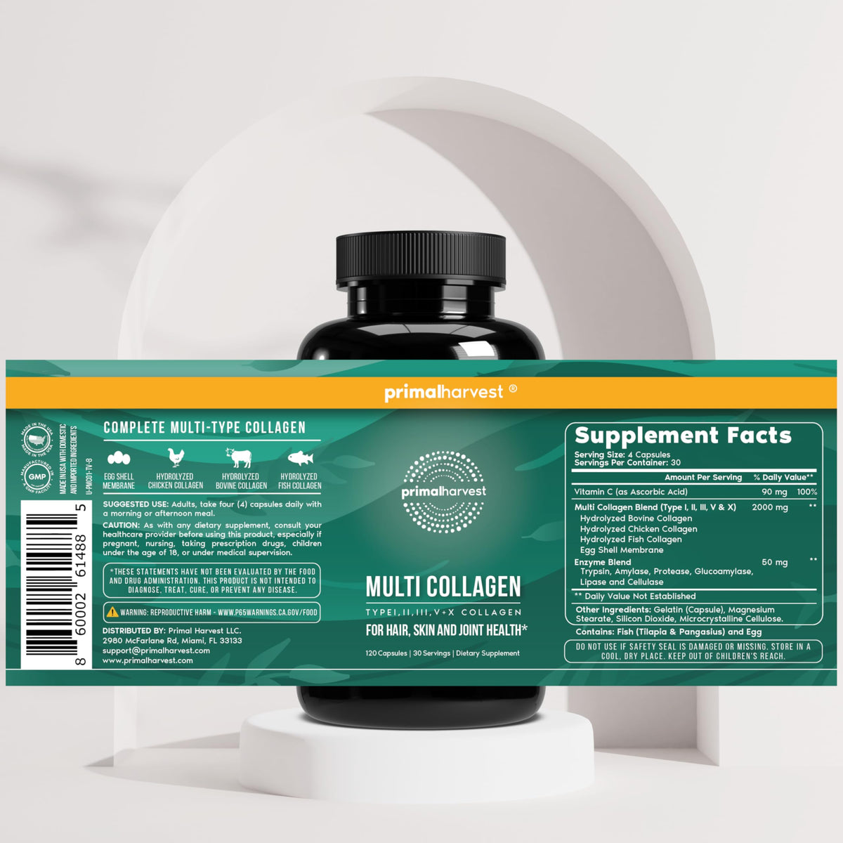 Primal Harvest Multi Collagen Pills for Women and Men (Type I, II, III, V, X) 120 Capsules w/Vitamin C for Hair, Skin, Nails