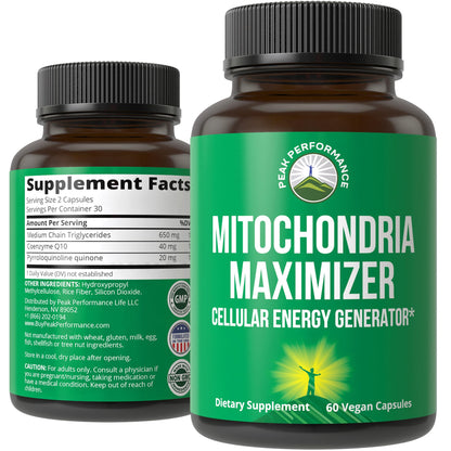 Peak Performance Mitochondria Maximizer with CoQ10 and Active PQQ. Best Mitochondrial Support Supplement with MCT Oil. Natural Cellular Generator for Clean, Energy Support. 60 Vegetarian Capsules Peak PerformanceBuy Supplements Australia