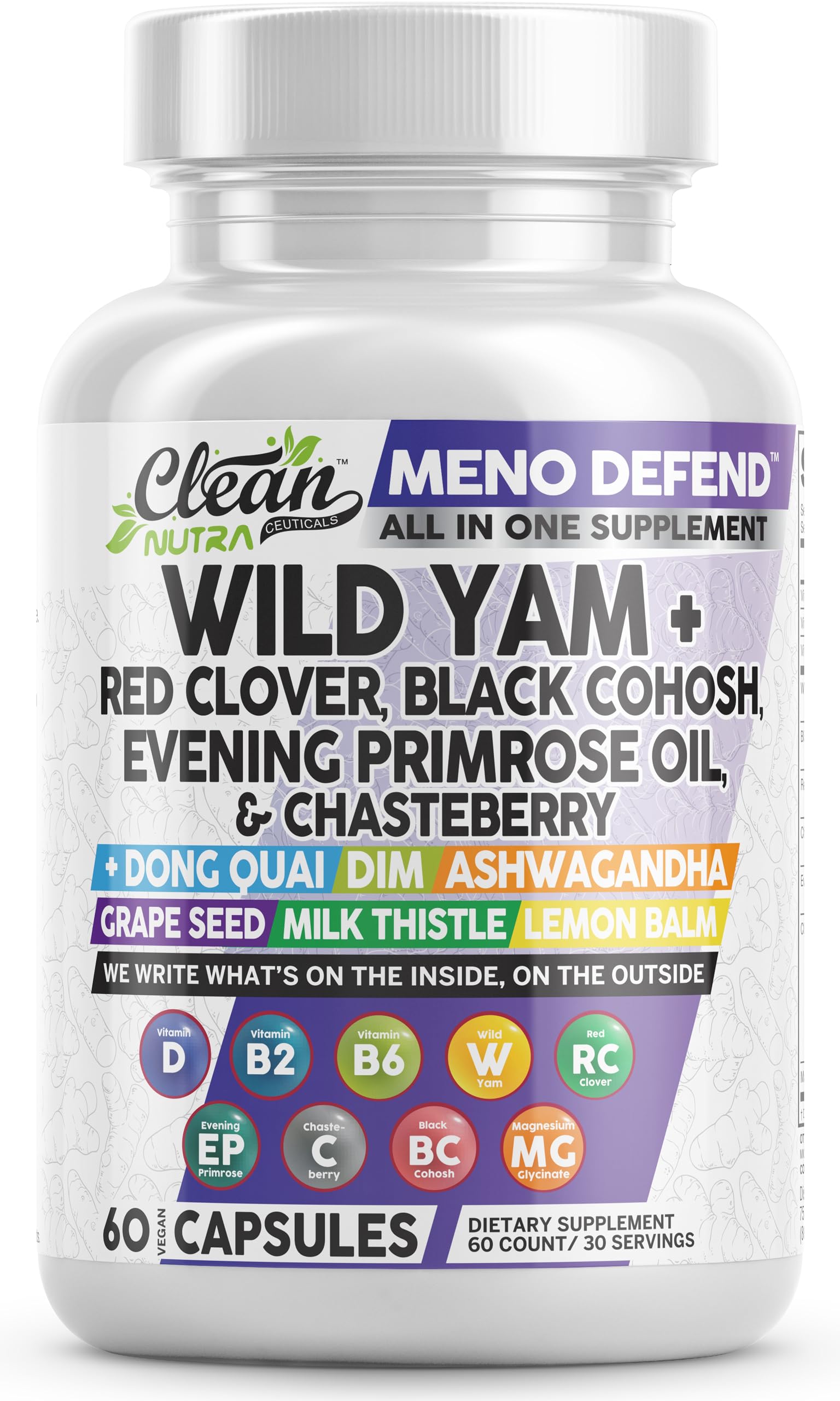 Clean Nutra Wild Yam Root Capsules with Red Clover Black Cohosh Evening Primrose Oil Chasteberry Dong Quai DIM Ashwagandha Grape Seed Extract Milk Thistle Lemon Balm Clean Nutraceuticals canada supplements