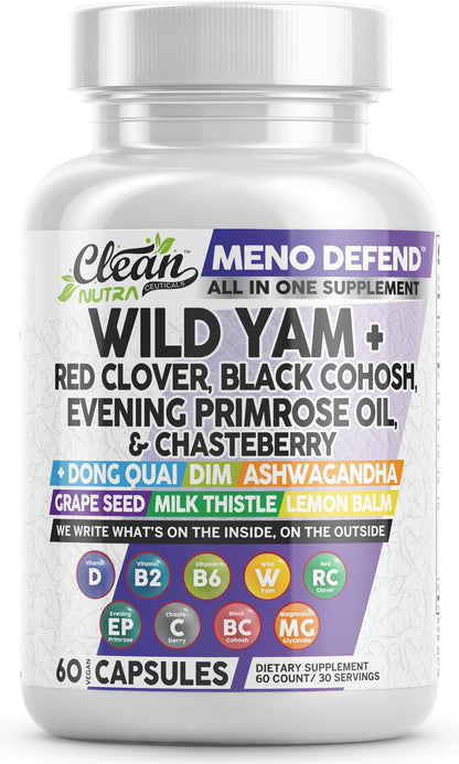 Clean Nutra Wild Yam Root Capsules with Red Clover Black Cohosh Evening Primrose Oil Chasteberry Dong Quai DIM Ashwagandha Grape Seed Extract Milk Thistle Lemon Balm Clean Nutraceuticals canada supplements