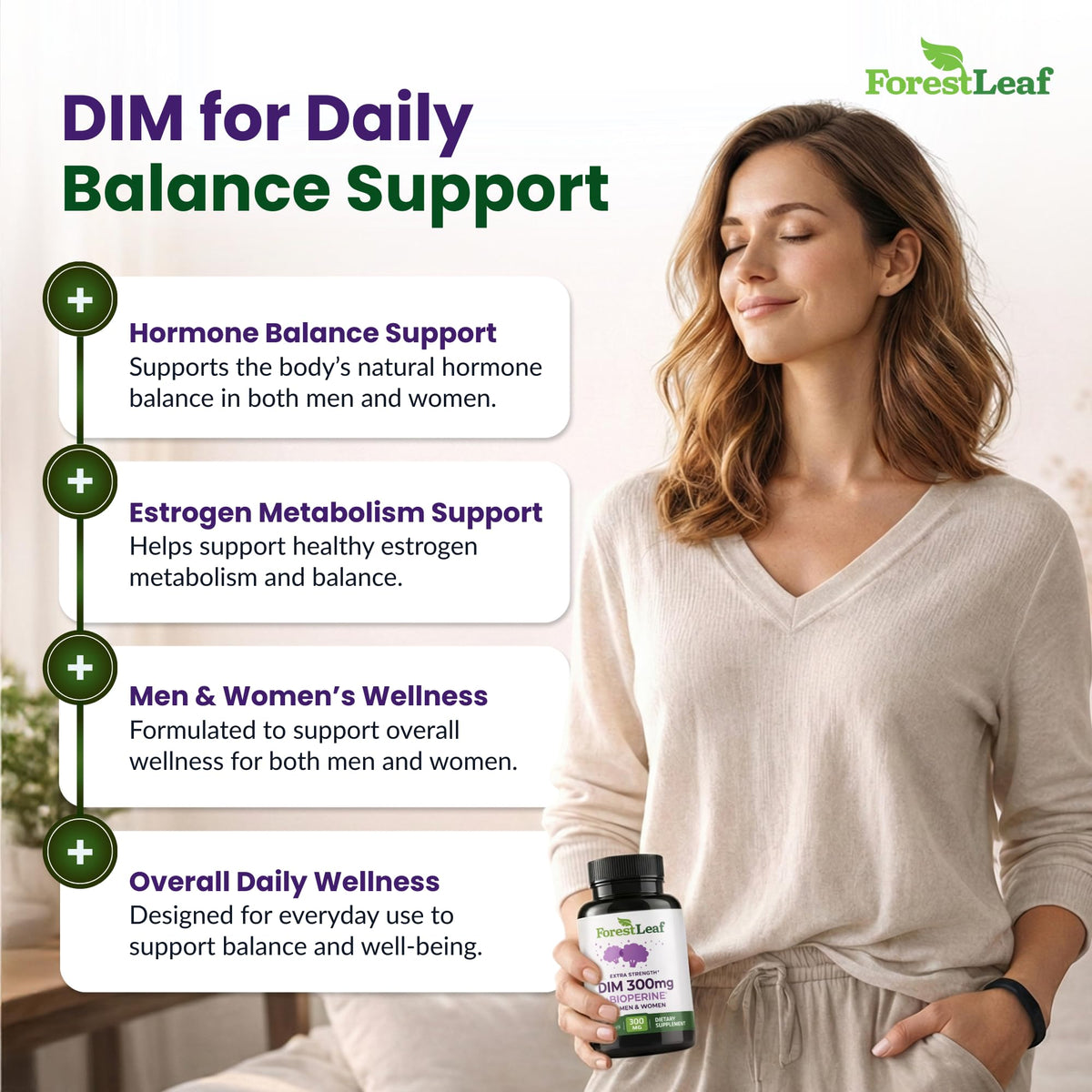 ForestLeaf DIM Supplement - 300mg DIM Estrogen Supplement for Women/Men - Diindolylmethane with BioPerine Black Pepper - Support for Detox, Metabolism, Hormone Balance & Menopause - 90 Caps ForestLeafBuy Supplements Australia