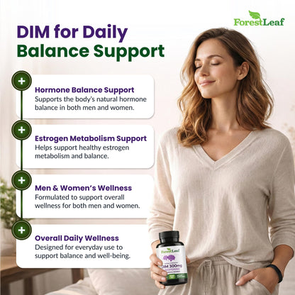 ForestLeaf DIM Supplement - 300mg DIM Estrogen Supplement for Women/Men - Diindolylmethane with BioPerine Black Pepper - Support for Detox, Metabolism, Hormone Balance & Menopause - 90 Caps ForestLeafBuy Supplements Australia