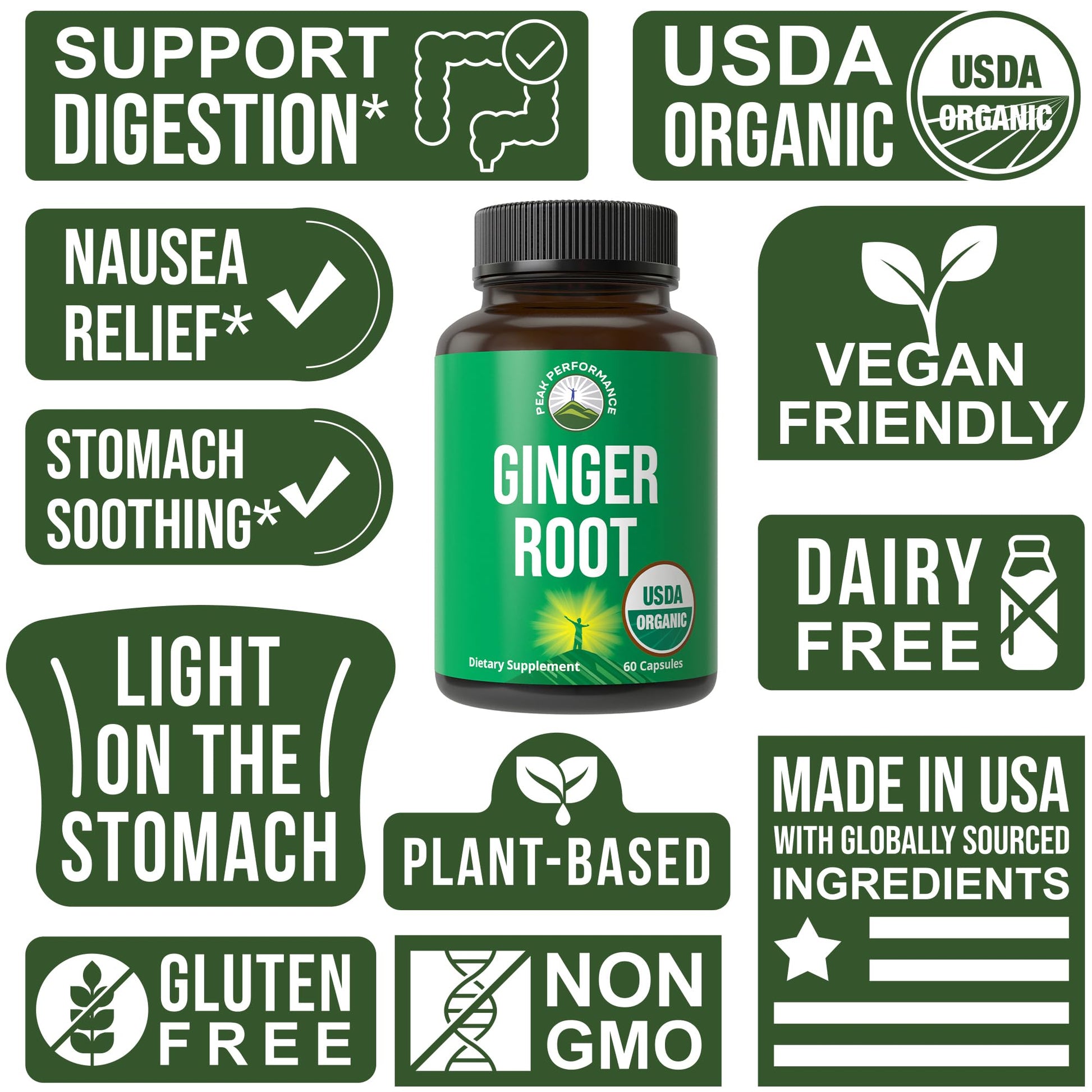 Peak Performance USDA Organic Ginger Root Capsules. Vegan Ginger Pills Supplement for Women & Men to Support Digestion, Occasional Nausea Relief, Gas & Bloat Support, and Gentle Stomach Comfort Peak PerformanceBuy Supplements Australia
