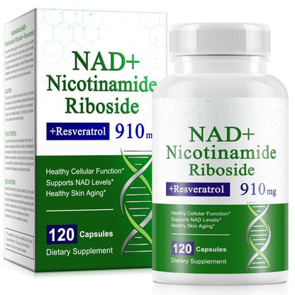 NAD+ Nicotinamide Riboside supplement bottle and packaging on a white background