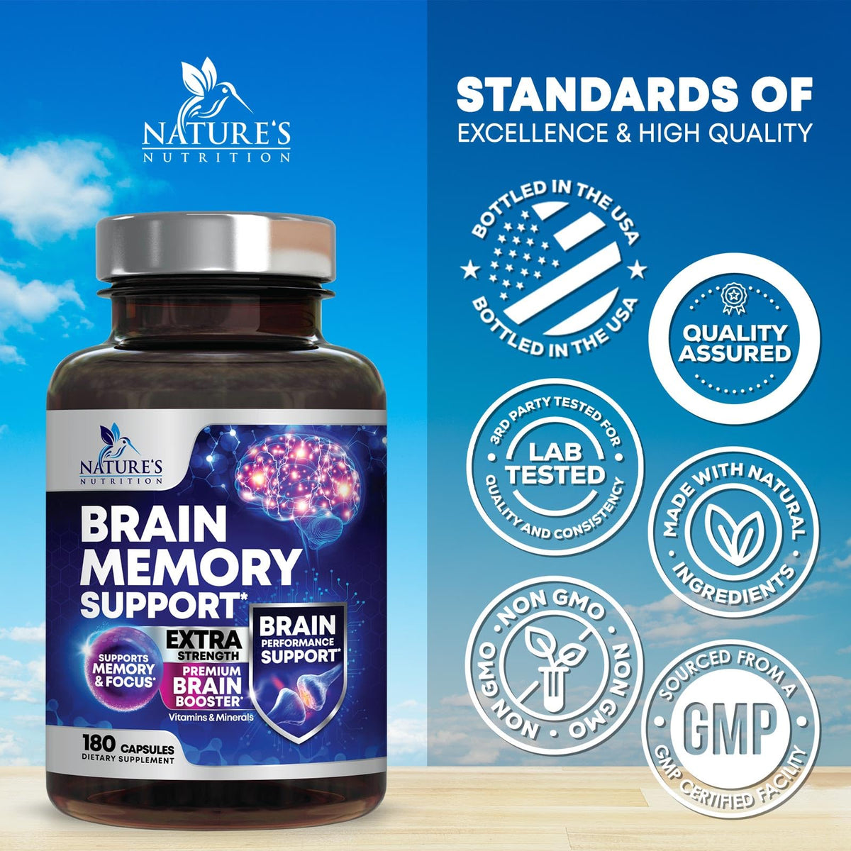 Brain Memory Supplement Pills - 3X Strength Nootropics for Concentration, Clarity & Focus Support - Brain Health Cognitive Vitamins with Bacopa, Phosphatidylserine & DMAE, Brain Booster - 180 Capsules Nature's NutritionBuy Supplements Australia