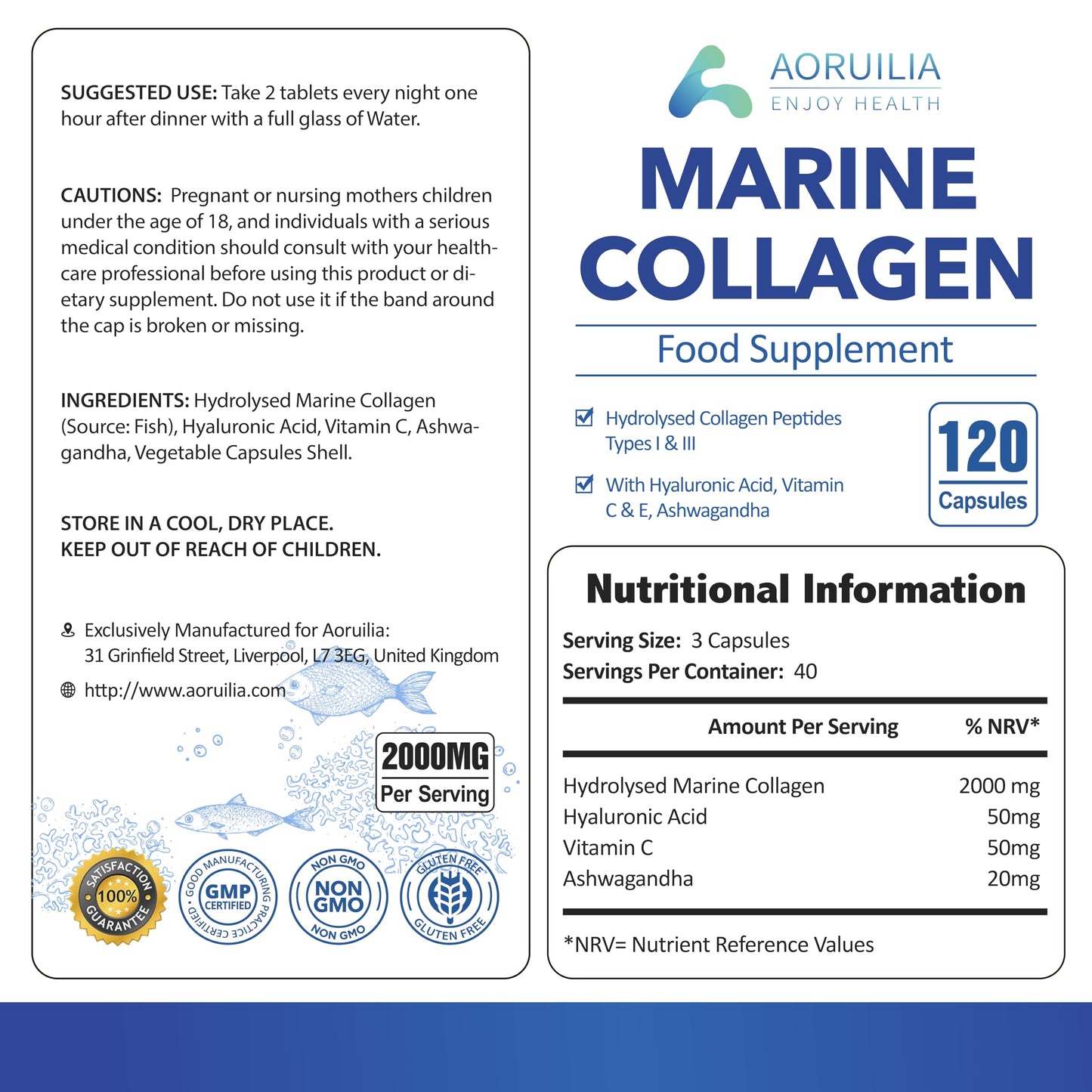 Marine Collagen Supplements for Women Men 2000mg 120 Capsules Hyaluronic Acid, Vitamin C, Vitamin E, & Ashwagandha AoruiliaBuy Supplements Australia