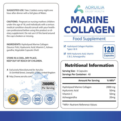 Marine Collagen Supplements for Women Men 2000mg 120 Capsules Hyaluronic Acid, Vitamin C, Vitamin E, & Ashwagandha AoruiliaBuy Supplements Australia