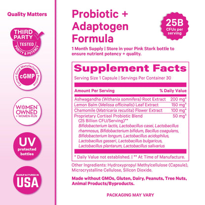 Pink Stork Cortisol Probiotic for Women – Mood and Adrenal Support Supplement – Ashwagandha, Lemon Balm, Chamomile, 25 Billion CFU – Gut Health, Energy, Focus – Lower Cortisol – 30 Capsules Pink StorkBuy Supplements Australia