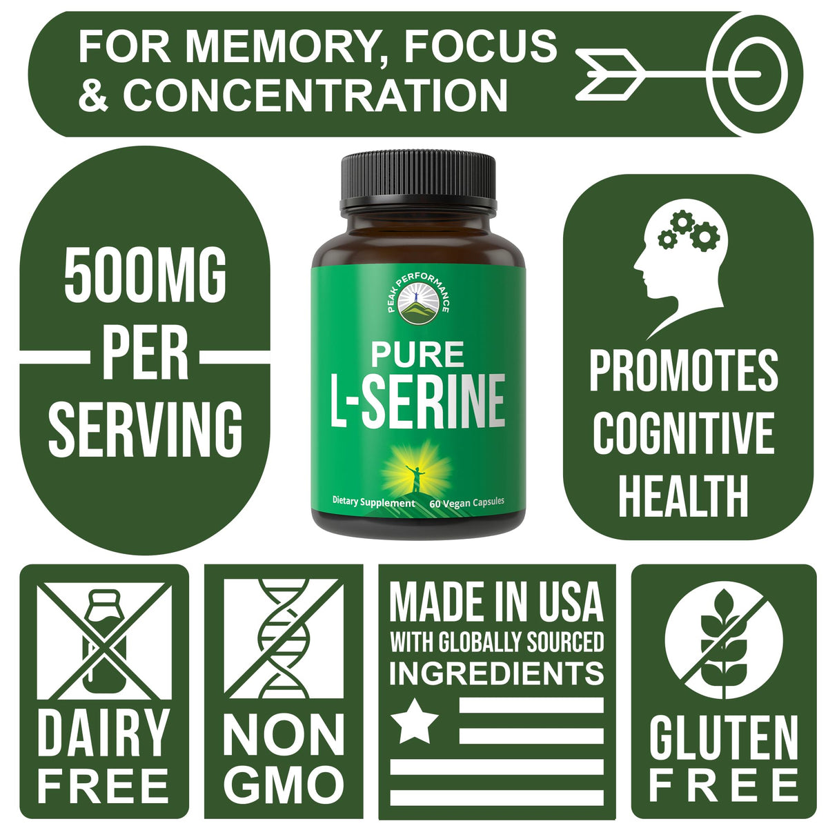 Peak Performance L-Serine Capsules 500mg Best Brain and Nootropic Amino Acids for Production of L-Cystine, L-Tryptophan and Serotonin. USA Grade L Serine Pills. Non-GMO Supplement (60 Servings) Peak PerformanceBuy Supplements Australia