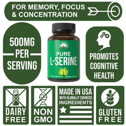 Peak Performance L-Serine Capsules 500mg Best Brain and Nootropic Amino Acids for Production of L-Cystine, L-Tryptophan and Serotonin. USA Grade L Serine Pills. Non-GMO Supplement (60 Servings) Peak PerformanceBuy Supplements Australia