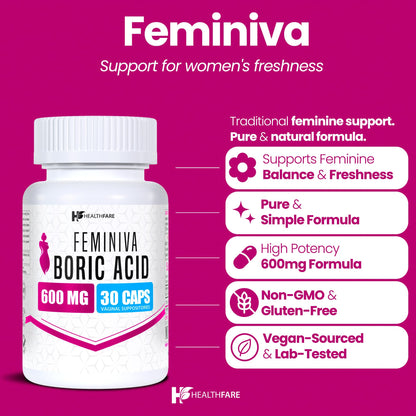Healthfare Feminiva Boric Acid Suppositories | 2-Pack | 30 Vaginal Suppositories Each | 600mg | 100% Pure | Made in The USA HealthfareBuy Supplements Australia