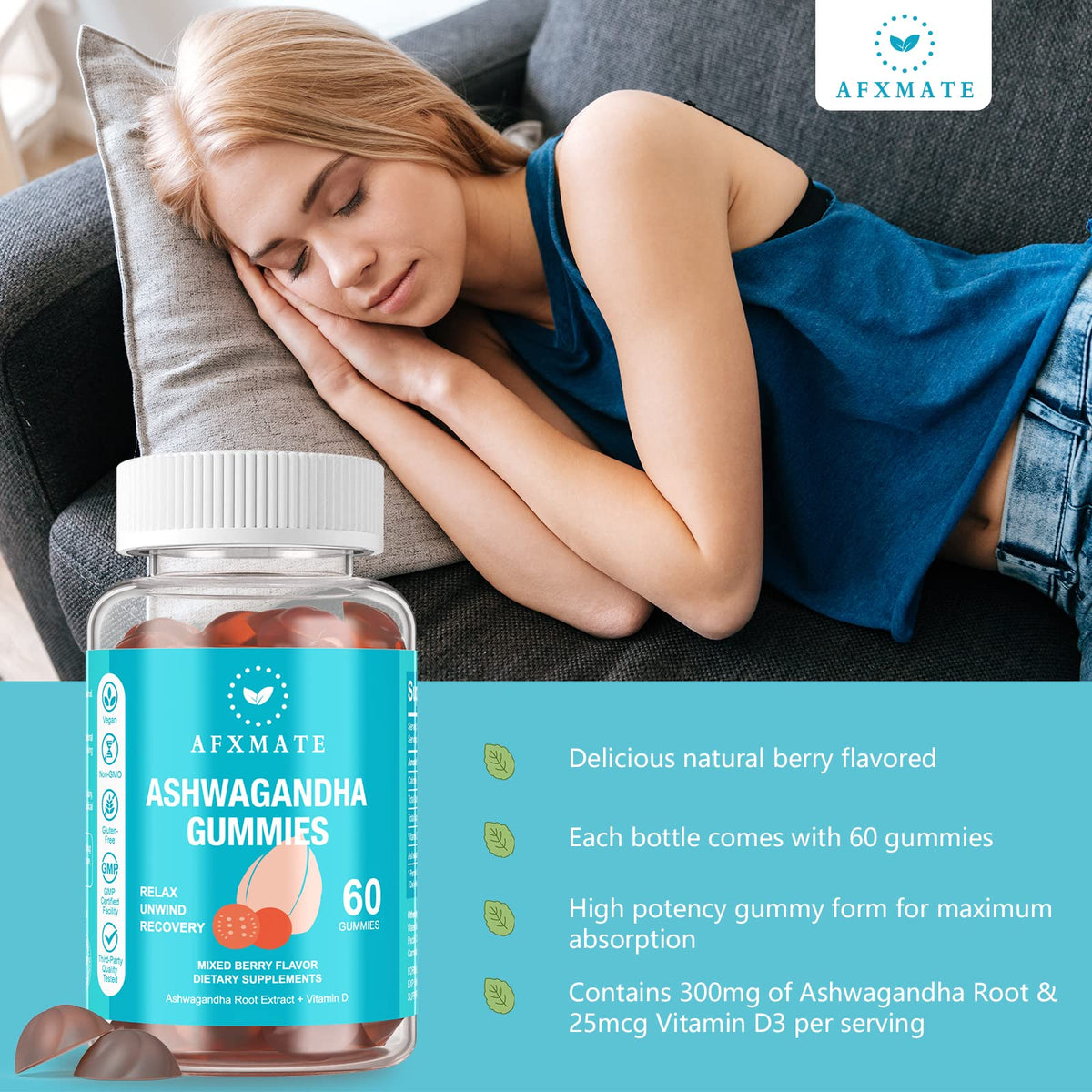 AFXMATE Ashwagandha Gummies & Vitamin D Gummies for Men & Women 120 Count Aswangdha Supplement (Non-GMO, Sugar Free & Gluten Free) AFXMATEBuy Supplements Australia