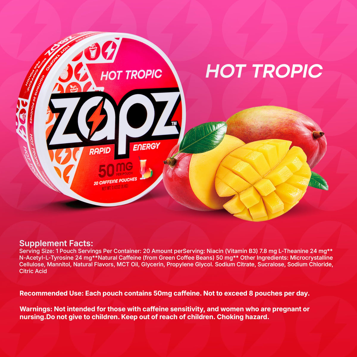 ZAPZ Caffeine Pouches, Hot Tropic, 5 Cans x 20 Count, Energy Pouches with 50mg Caffeine, Nootropic Focus Support, Niacin, L-Theanine, L-Tyrosine, Sugar Free, No Coffee Grinds ZAPZBuy Supplements Australia