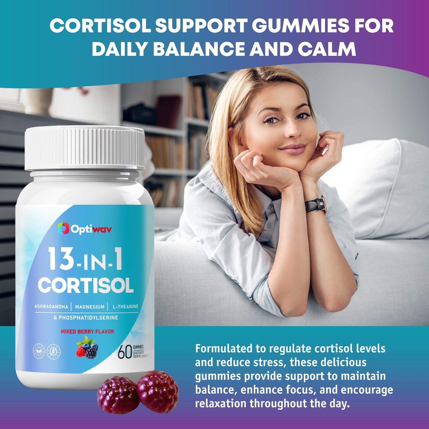 Optiwav Cortisol Reducer Gummies for Women Men - 13-in-1 Daily Cortisol Detox Manager Supports Stress Mood Balance Focus & Health Balance - Reduce High Cortisol with Ashwagandha Magnesium L-Theanine OptiwavBuy Supplements Australia