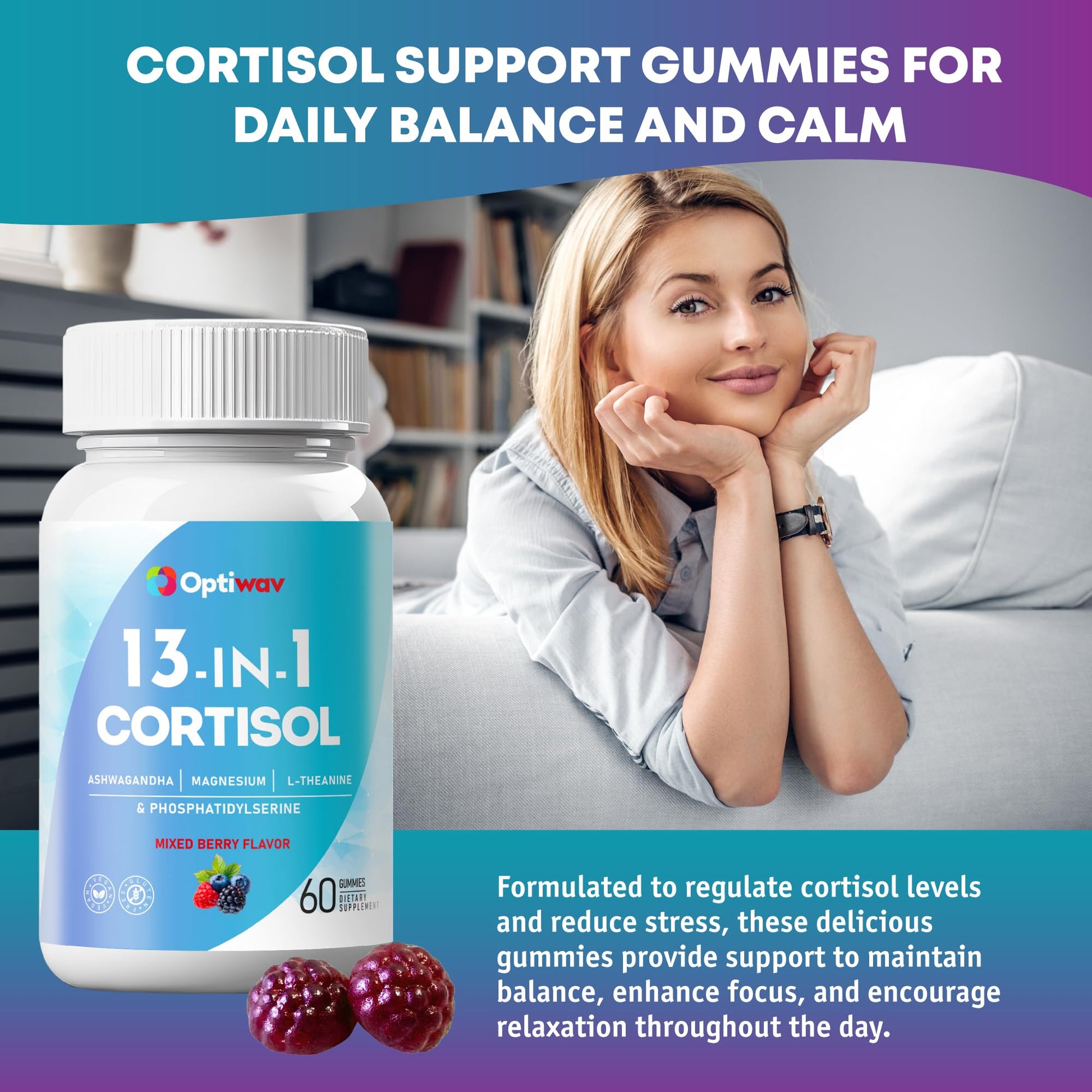 Optiwav Cortisol Reducer Gummies for Women Men - 13-in-1 Daily Cortisol Detox Manager Supports Stress Mood Balance Focus & Health Balance - Reduce High Cortisol with Ashwagandha Magnesium L-Theanine OptiwavBuy Supplements Australia