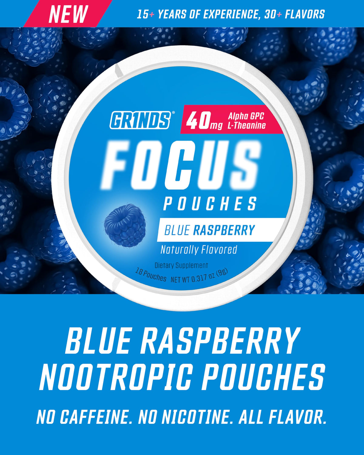 GRINDS Focus Pouches - Naturally Flavored with Nootropic Ingredients - Contains Alpha GPC and L-Theanine - Nicotine-Free, Sugar-Free - 3 Pack, 18 Pouches Per Can - Blue Raspberry GRINDSBuy Supplements Australia