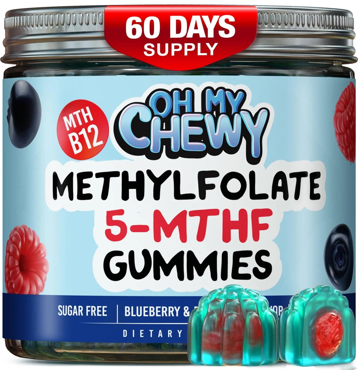 Center-Filled 5-MTHF Folate L-MethylFolate Sugar-Free Gummies - MTHFR Supplement Support with Methylated B1, B6 and Methyl B12 Multivitamins OH MY CHEWY