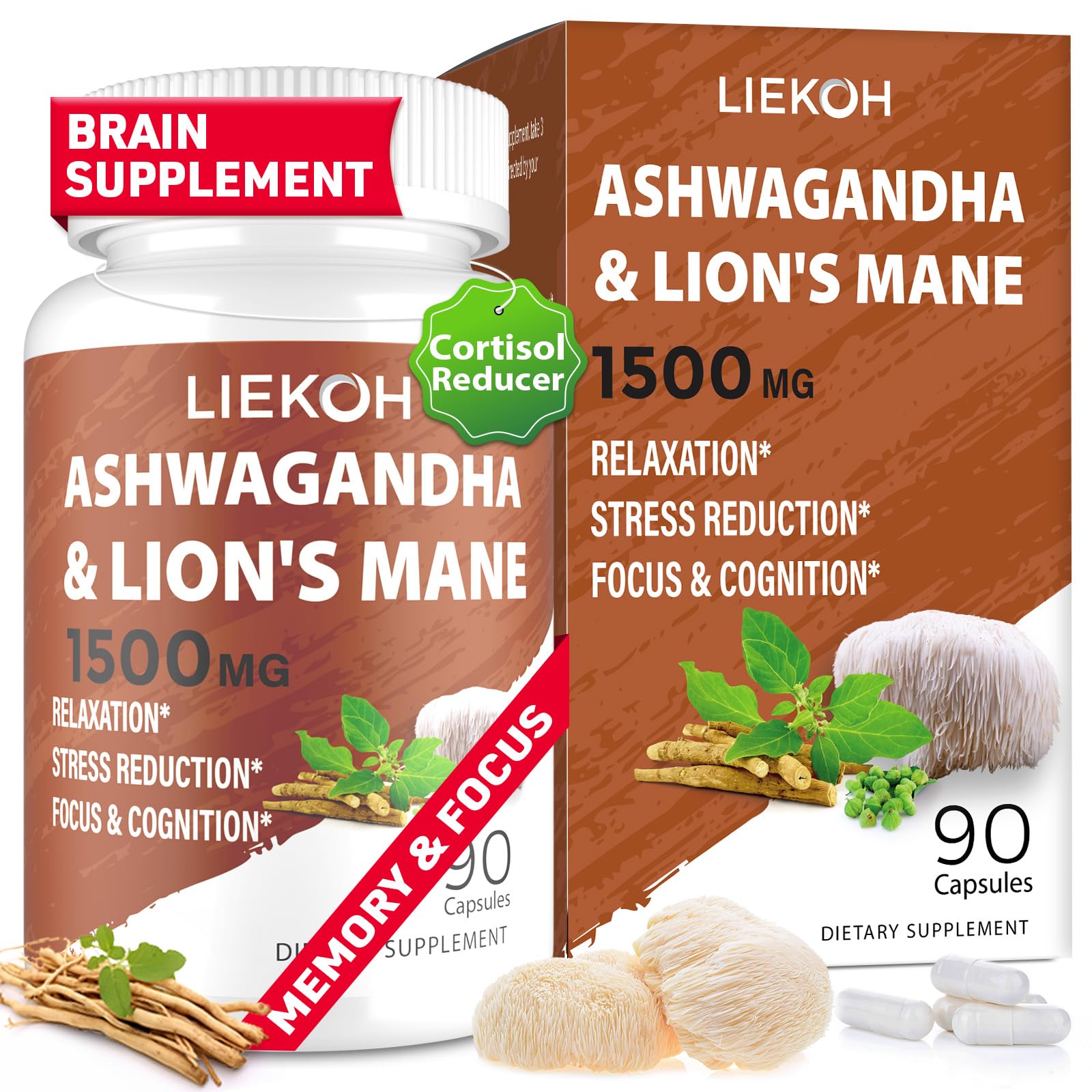 Liekoh Ashwagandha & Lions Mane Supplement Capsules, Brain Supplements for Memory and Focus, Ashwagandha Supplement with Rhodiola & Black Peppe, Cortisol Supplements for Women & Men,90 Caps LiekohBuy Supplements Australia