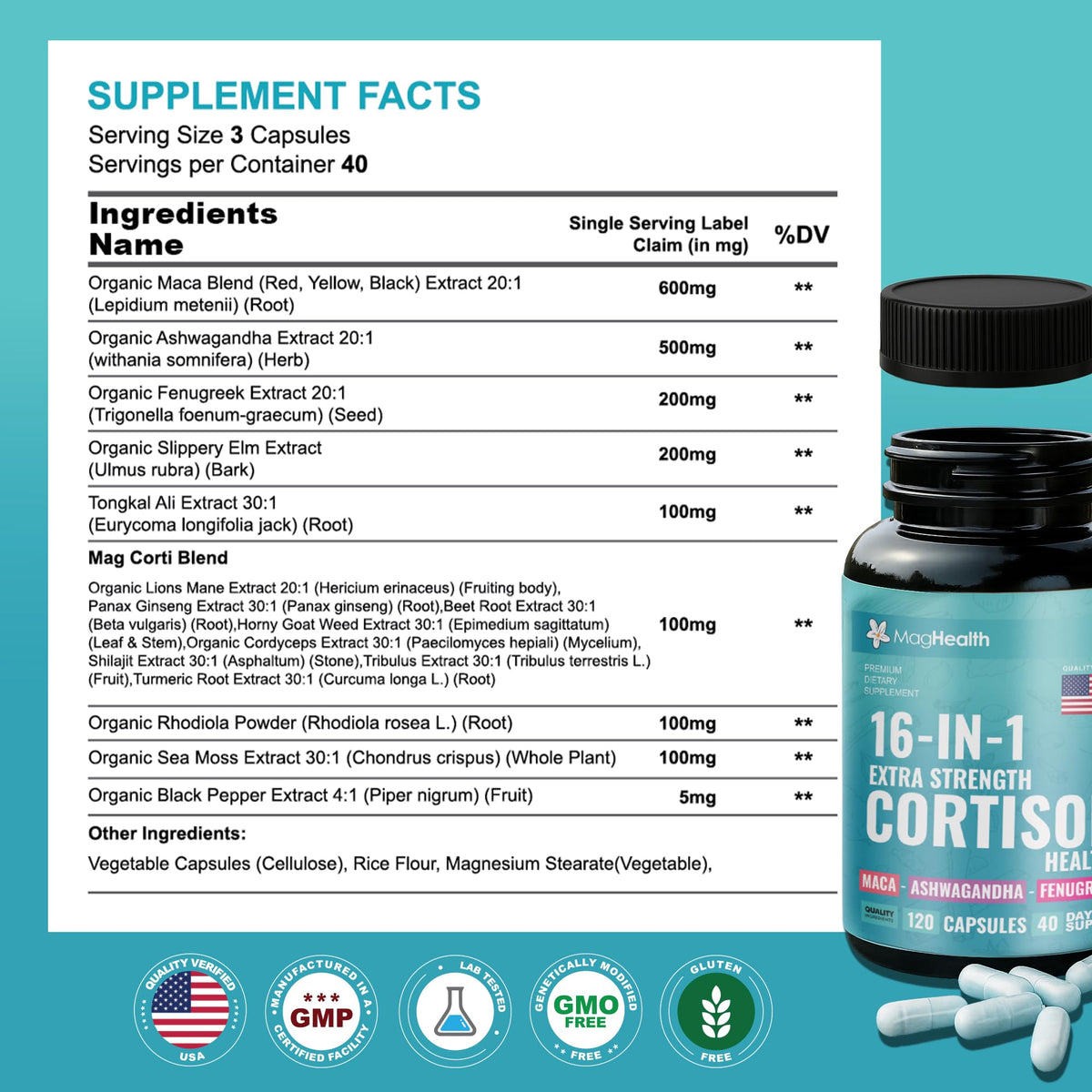 Cortisol Complex 16-in-1 Supplement for Women & Men | Stress Support Manager with Organic Ashwagandha, Maca Root, Rhodiola Rosea & Shilajit | Adaptogen Blend for Balance & Energy | 120 Capsules MagHealthBuy Supplements Australia