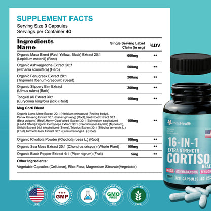 Cortisol Complex 16-in-1 Supplement for Women & Men | Stress Support Manager with Organic Ashwagandha, Maca Root, Rhodiola Rosea & Shilajit | Adaptogen Blend for Balance & Energy | 120 Capsules MagHealthBuy Supplements Australia