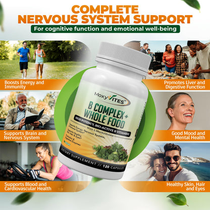 MoxyVites Vitamin B Complex - B Vitamins Whole Food Supplement, B12 Methylcobalamin, B1, B2, B3, B5, B6, B7, B9 - for Stress