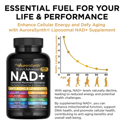 NAD+ Supplement Liposomal Capsules - Max Absorption for Cellular Energy, Healthy Aging, Brain Function & DNA Health - Vegan, Non-GMO, Gluten-Free Supplement - 60 Capsules - Supports NAD Levels AuroraSynthBuy Supplements Australia