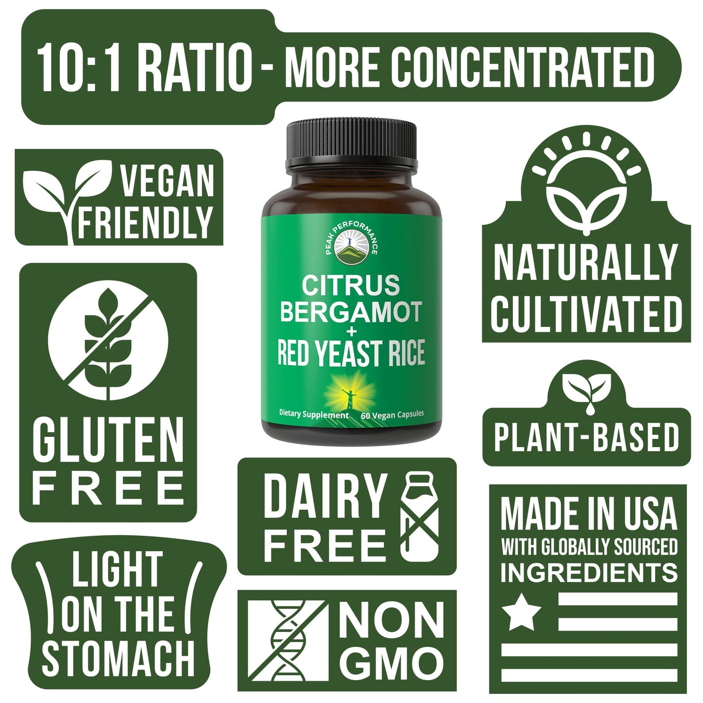 Citrus Bergamot + Red Yeast Rice. 2-in-1 Supplement. High Strength 10:1 Bergamot Extract. No Gluten, Zero Sugar, Vegan Capsules Peak PerformanceBuy Supplements Australia