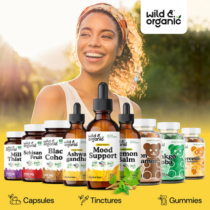 Wild & Organic Mood Support Drops - Good Mood Supplements w/Ashwagandha Root & Rhodiola Rosea - Natural Liquid Drops for Positive Energy - Calm and Relax Supplements for Women and Men - 2 oz Wild & Organic buy supplements Au