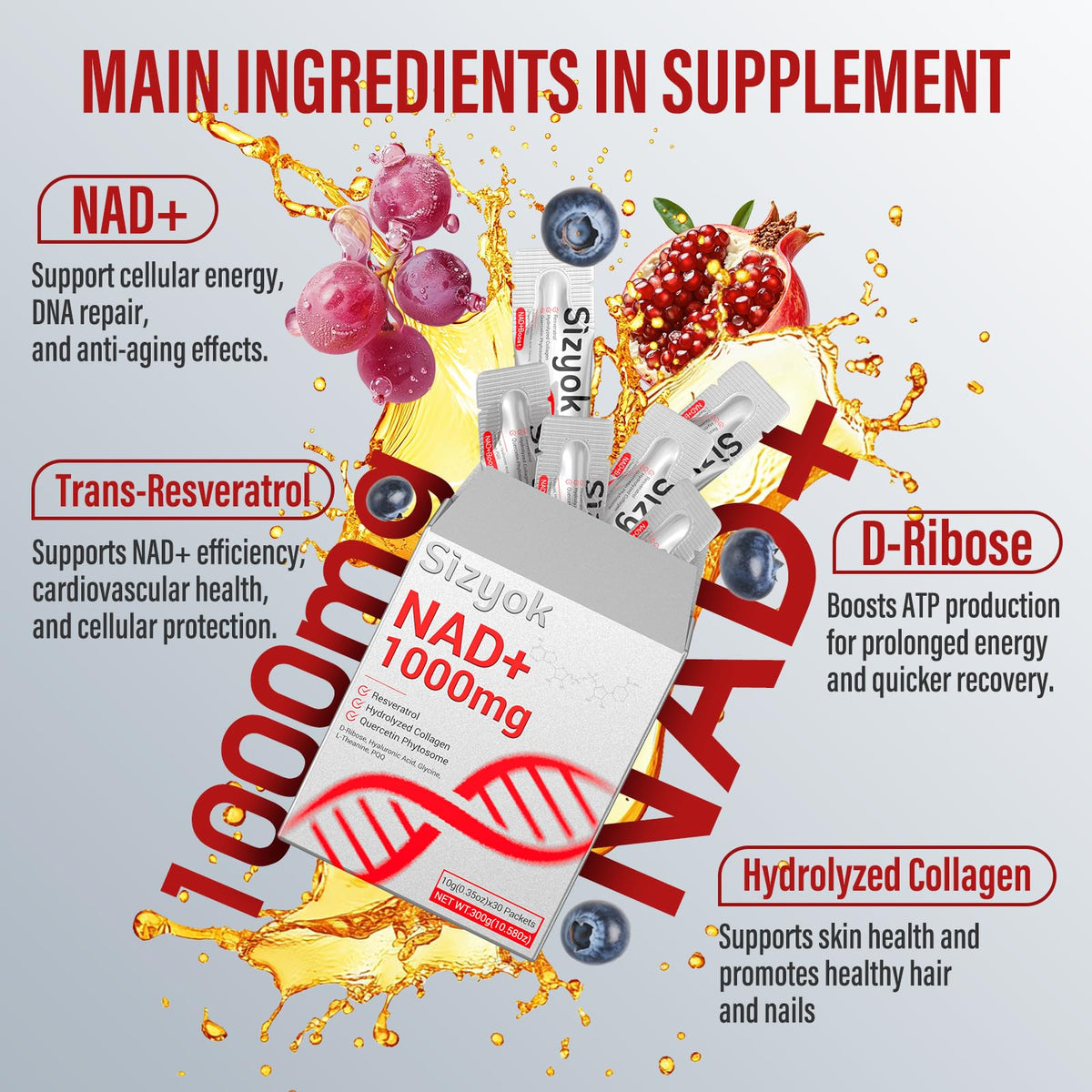 NAD+ Supplement 1000mg Liquid - High Absorption NAD+ with Trans Resveratrol 2000mg, Collagen & Hyaluronic Acid, Anti-Aging Energy Support for Women, Cellular Health & Longevity Boost SizyokBuy Supplements Australia
