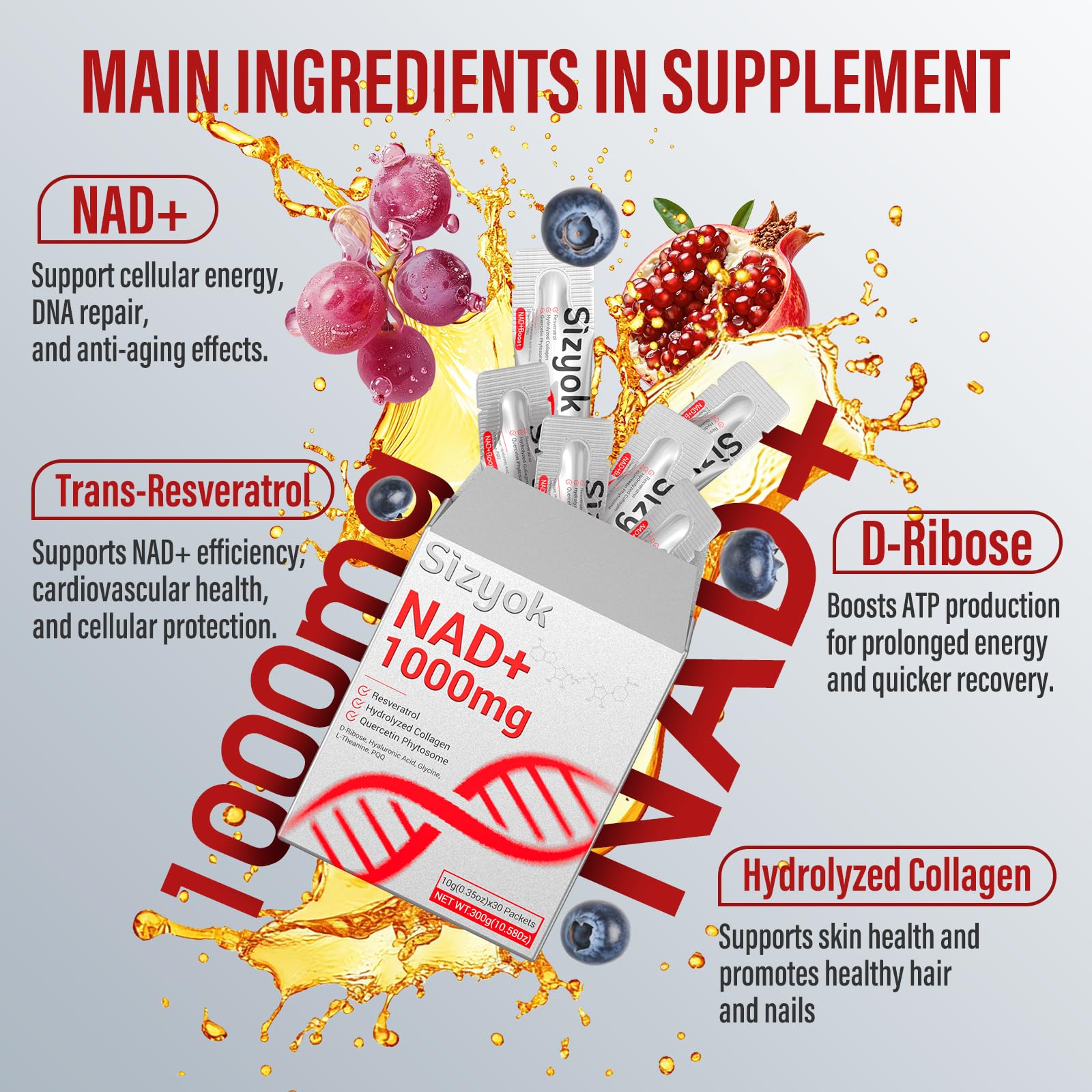 NAD+ Supplement 1000mg Liquid - High Absorption NAD+ with Trans Resveratrol 2000mg, Collagen & Hyaluronic Acid, Anti-Aging Energy Support for Women, Cellular Health & Longevity Boost SizyokBuy Supplements Australia
