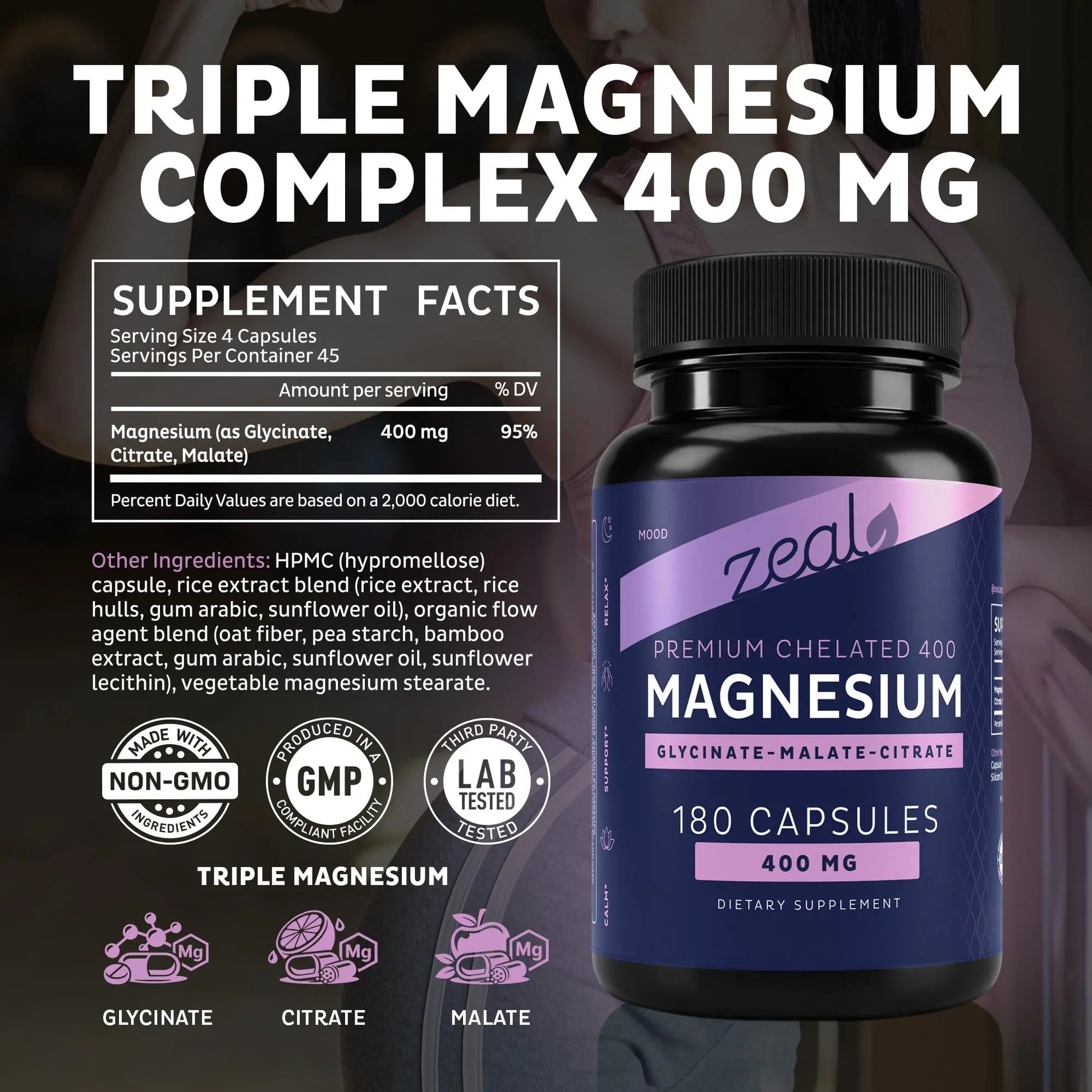 Zeal Naturals Triple Magnesium Complex Supplement - Glycinate, Malate, Citrate | 400mg, 180 Capsules | High Absorption Chelated Magnesium for Sleep, Mood, Muscle Recovery, Relaxation Zeal Naturals buy supplements Au