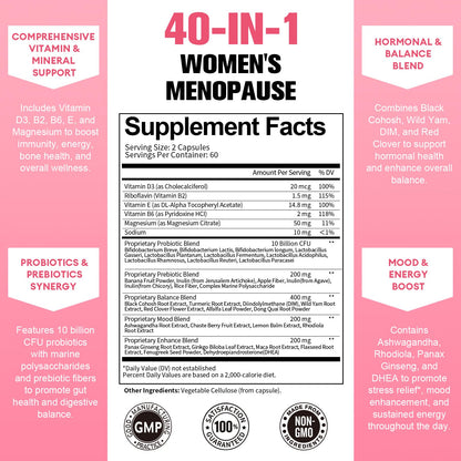 40-in-1 Menopause Supplements for Women, Multibenefit & Complete Black Cohosh for Hot Flashes, Night Sweats & Hormone Balance, w/ Probiotics, DIM, Vitex, Dong Quai, Red Clover and More, 120 Vegan Caps TotariaBuy Supplements Australia