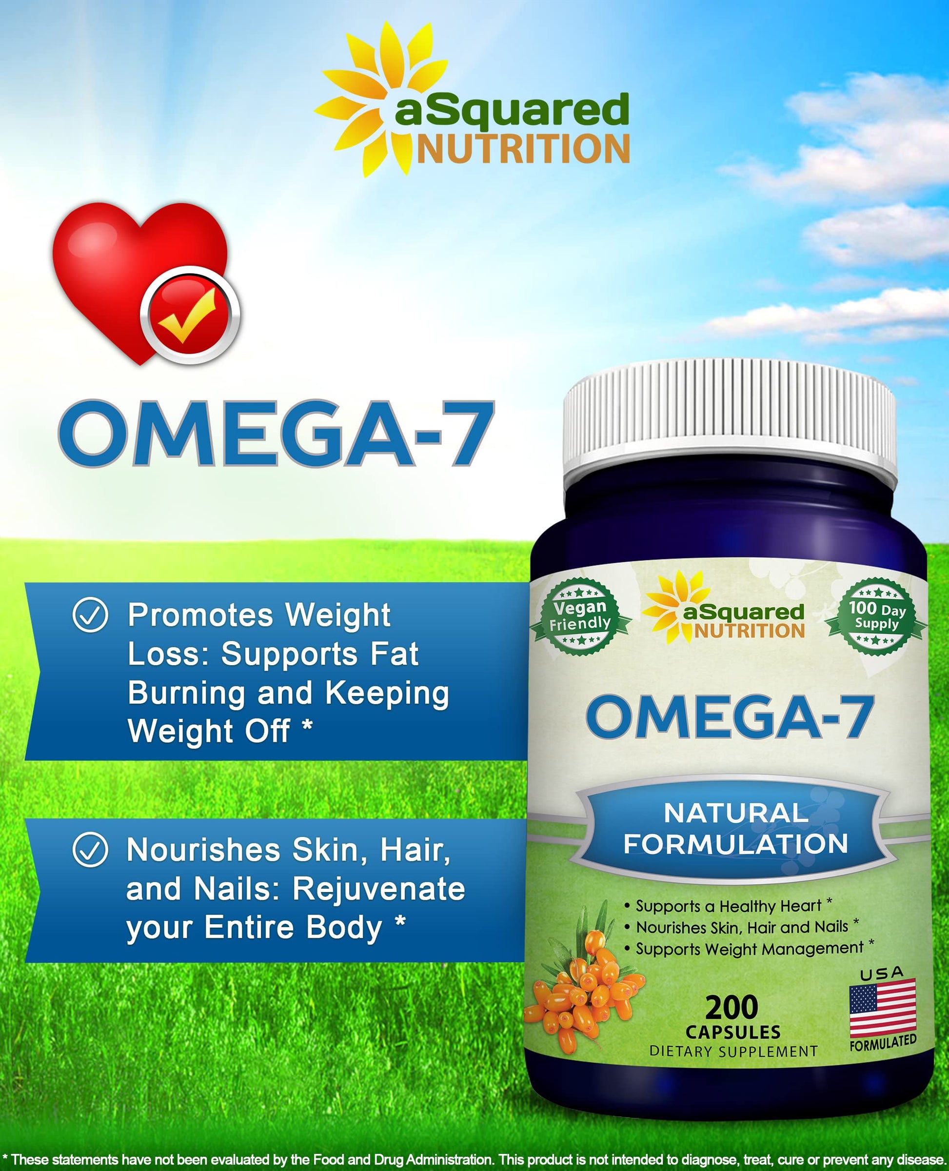 aSquared Nutrition Purified Omega 7 Fatty Acids-200 Capsules from Natural Sea Buckthorn aSquared NutritionBuy Supplements Australia