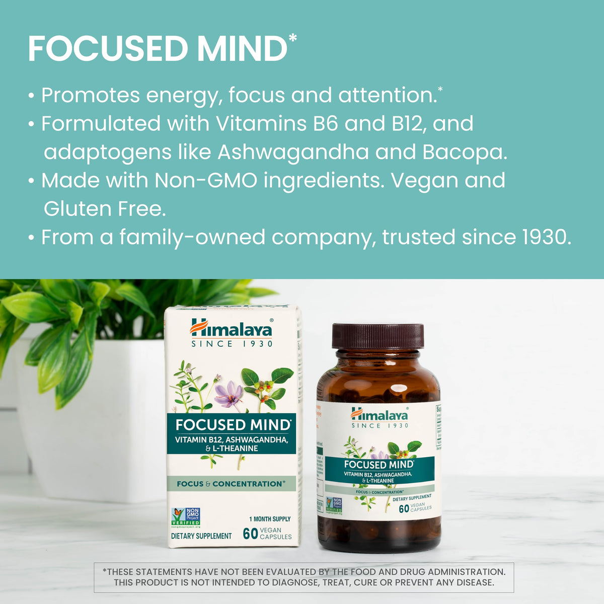 Himalaya Focused Mind Supplement, with Ashwagandha, Bacopa & L-Theanine for Attention, Focus and Energy Support, 60 Vegan Capsules, Gluten Free, 1 Month Supply HimalayaBuy Supplements Australia