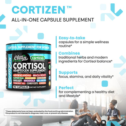 Clean Nutra Cortisol Supplements For Women | Maca Root Ashwagandha Cortisol Detox Manager Reducer + Slippery Elm Fenugreek Lions Mane Shilajit Rhodiola Sea Moss Tongkat Ali Cordyceps Ginseng Beet Root Clean NutraceuticalsBuy Supplements Australia