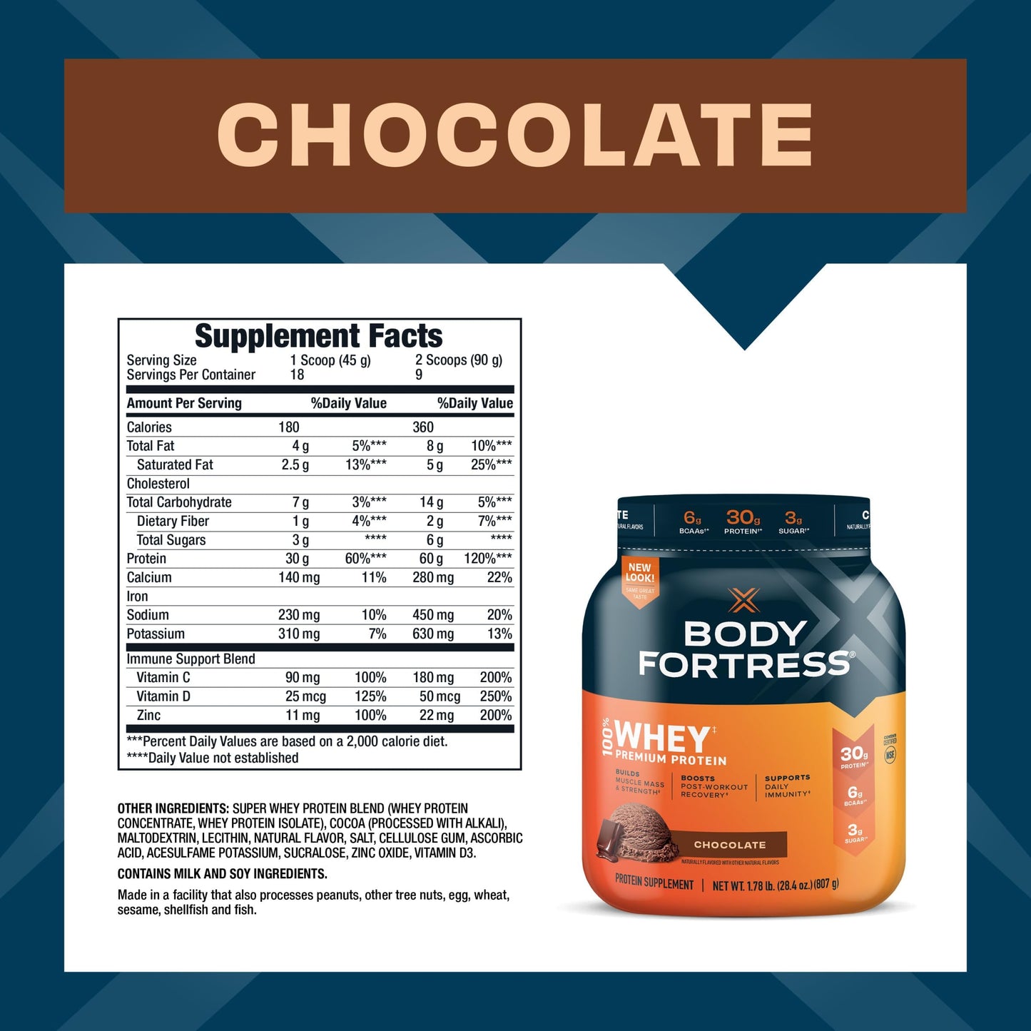 Body Fortress 100% Whey, Premium Protein Powder, Chocolate, 1.78lbs, Packaging May Body FortressBuy Supplements Australia