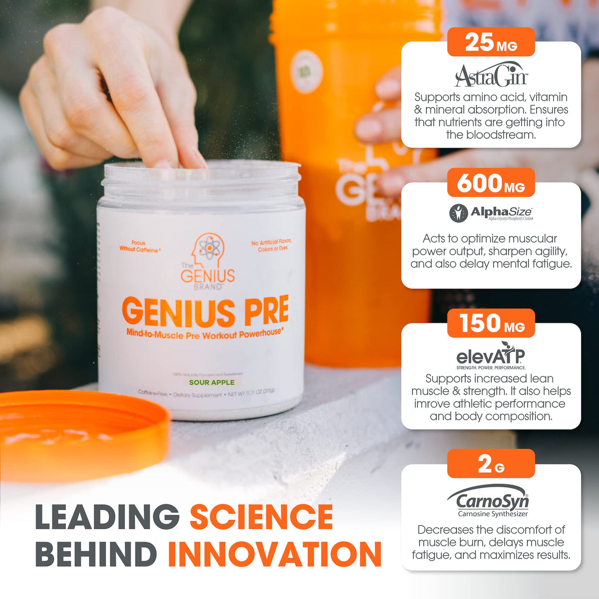 Genius Pre Workout Powder, Sour Apple, and Genius Micronized Creatine Monohydrate Powder, Unflavored, All Natural Nootropic Pre Workout and Post Workout Supplement Stack