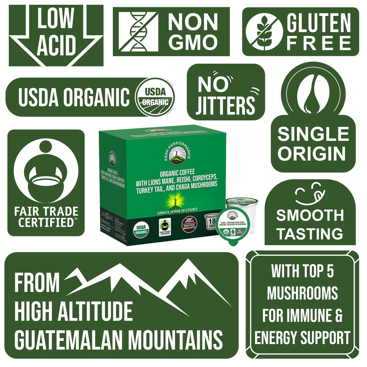 Organic Mushroom Coffee Pods with Lion's Mane, Reishi, Cordyceps, Turkey Tail, and Chaga Mushrooms. High Altitude, Low Acid, Smooth Tasting, Fair Trade, Instant Nootropic Coffee (Medium Roast Ground) Peak PerformanceBuy Supplements Australia