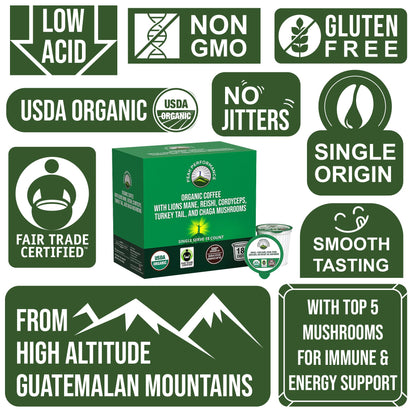 Organic Mushroom Coffee Pods with Lion's Mane, Reishi, Cordyceps, Turkey Tail, and Chaga Mushrooms. High Altitude, Low Acid, Smooth Tasting, Fair Trade, Instant Nootropic Coffee (Medium Roast Ground) Peak PerformanceBuy Supplements Australia