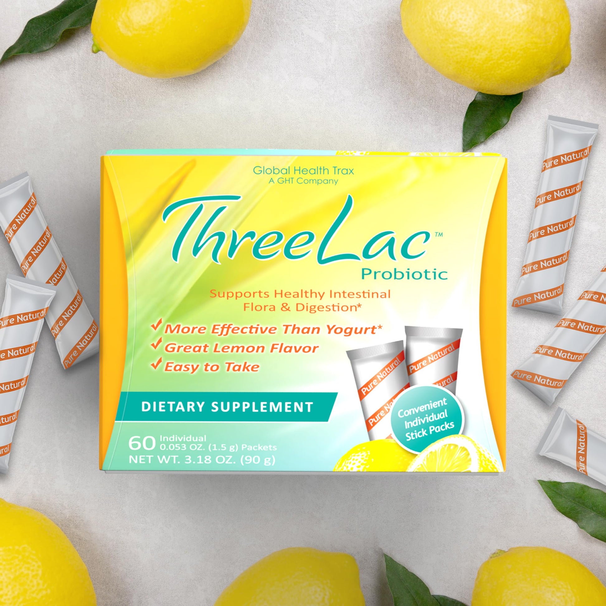 GHT - ThreeLac Lemon Probiotic Drink Mix for Digestive Health - Advanced Probiotic Powder Formula for Men, Women, and Kids - Immune Support & Gut Balance, Non-GMO - 240 Packets ght Global Health TraxBuy Supplements Australia