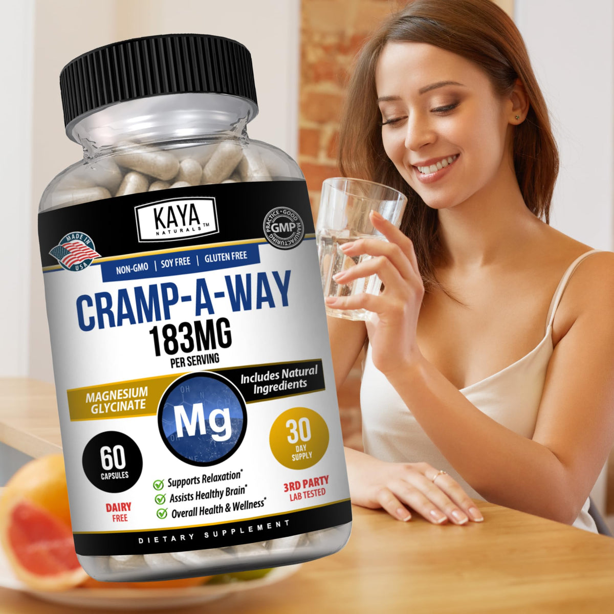 Kaya Naturals Cramp-A-Way Magnesium Glycinate 183mg (60 Count (Pack of 1) Kaya NaturalsBuy Supplements Australia