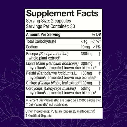 Host Defense MycoBotanicals Brain* Capsules - Brain Support Supplement with Lion's Mane, Reishi & Cordyceps Mushroom - Herbal Supplement for Memory & Focus Support - 60 Capsules Host DefenseBuy Supplements Australia